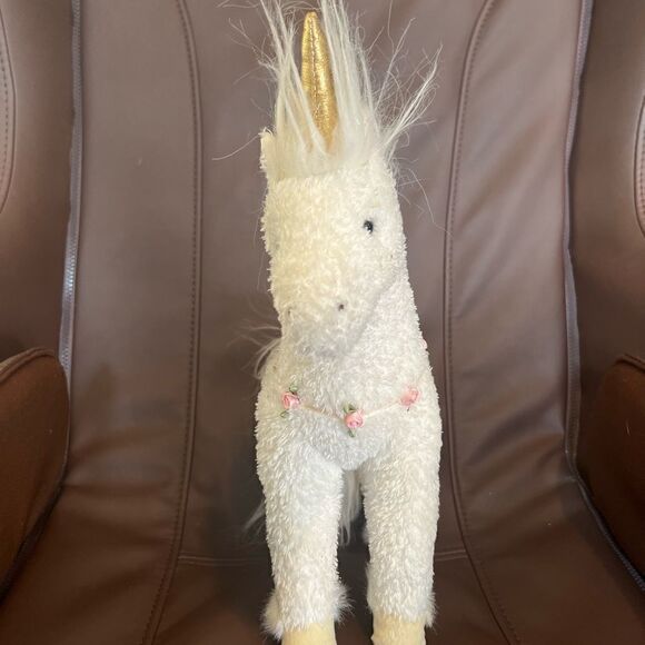 Douglas Toys White Unicorn 14 In Plush Sparkly Mane Pink Rosebud Wreath EUC - Picture 3 of 5